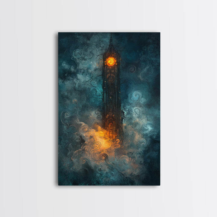 Dark Clock Tower In Teal Fog Wall Art, Gothic Fantasy Castle Canvas, Moody Steampunk Decor, Surreal Large Print, Living Room Wall Decor