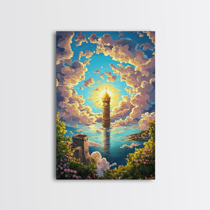Sunlit Sea Tower And Golden Clouds Framed Canvas Print, Coastal Fantasy Wall Art, Ocean Landscape, Living Room Decor, Home Decor