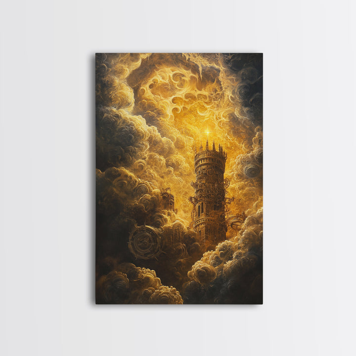Golden Celestial Tower In Storm Clouds Canvas Print, Dark Fantasy Wall Art, Steampunk Castle, Gothic Living Room Decor Print