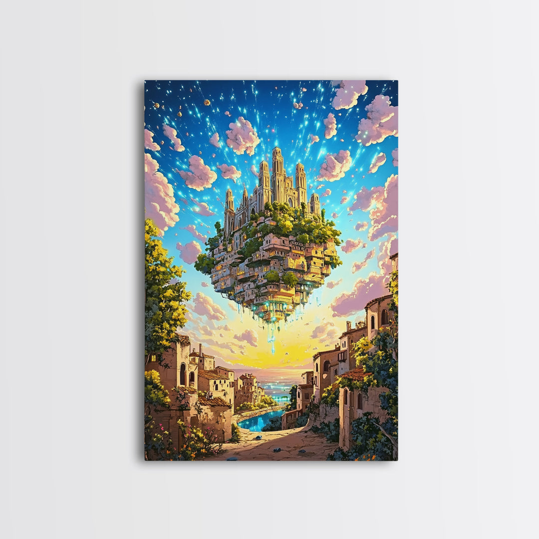 Floating Castle City Over Seaside Village Wall Art, Colorful Fantasy Canvas Print, Whimsical Coastal Living Room Decor Print