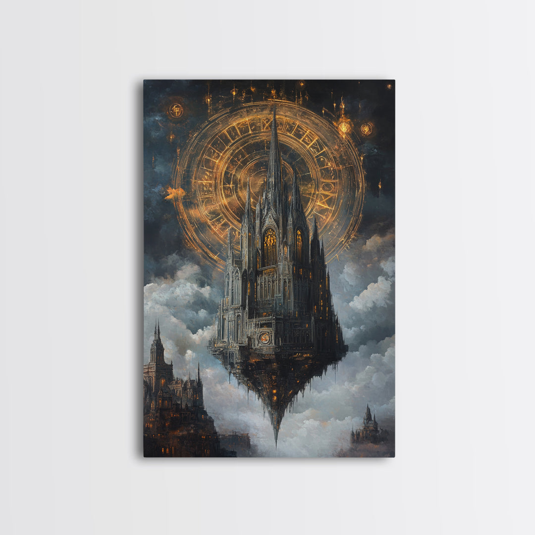 Floating Gothic Cathedral With Celestial Clock Framed Canvas Print, Dark Academia Wall Art, Steampunk Fantasy Office Decor