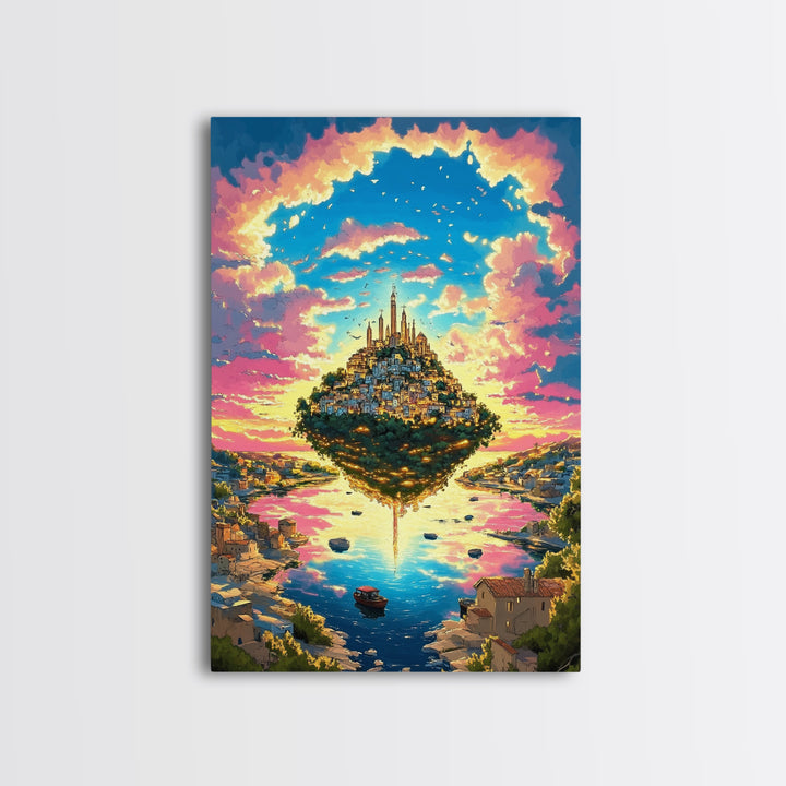 Floating Island City At Pink Sunset Wall Art, Vibrant Fantasy Landscape Canvas Print, Coastal Village, Colorful Home Decor