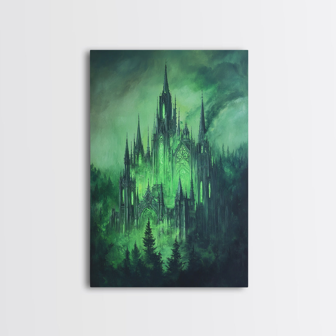 Emerald Gothic Castle In Misty Forest Wall Art, Dark Fantasy Decor, Moody Green Gothic Wall Decor, Magical Castle Print Poster