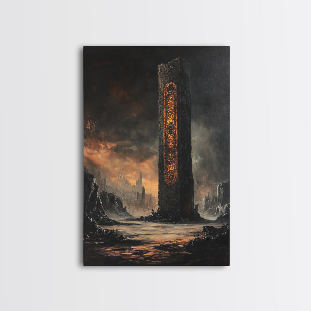 Ancient Rune Monolith In Dark Wasteland Canvas Print, Dystopian Sci Fi Wall Decor, Futuristic Tower Art, Gothic Home Decor