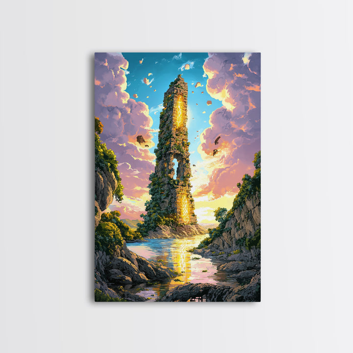 Sunlit Ruined Tower With Golden Portal Canvas Print, Fantasy River Landscape Art, Vibrant Coastal Wall Decor, Magical Home Decor