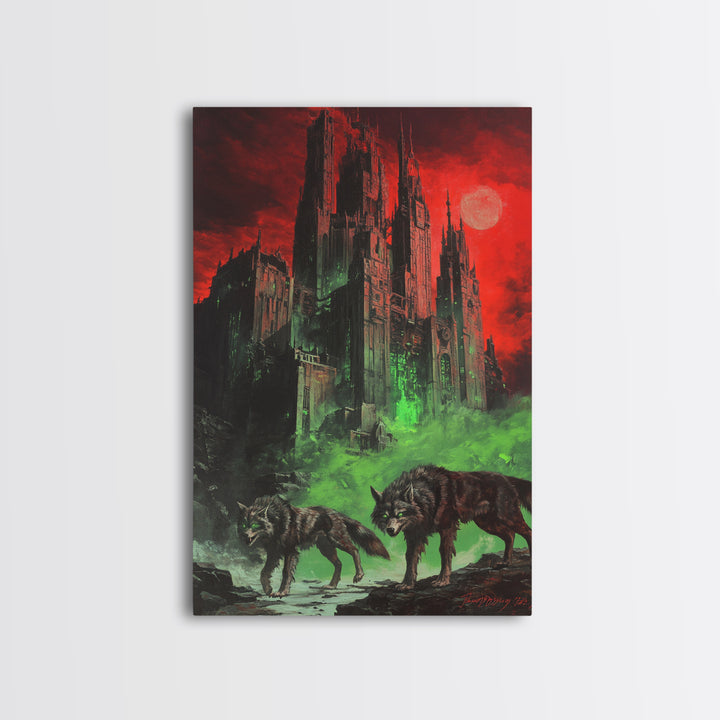 Red Moon Gothic Citadel With Wolves Wall Art, Dark Fantasy Castle Print, Black And Red Wall Decor, Moody Gothic Home Decor