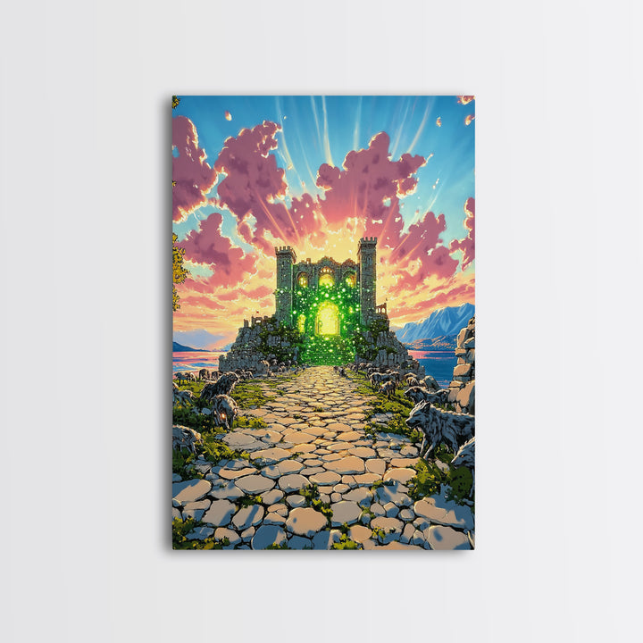 Glowing Green Ruined Castle Path Framed Canvas Print, Fantasy Landscape Wall Art, Colorful Mountain Decor, Whimsical Wolf Art