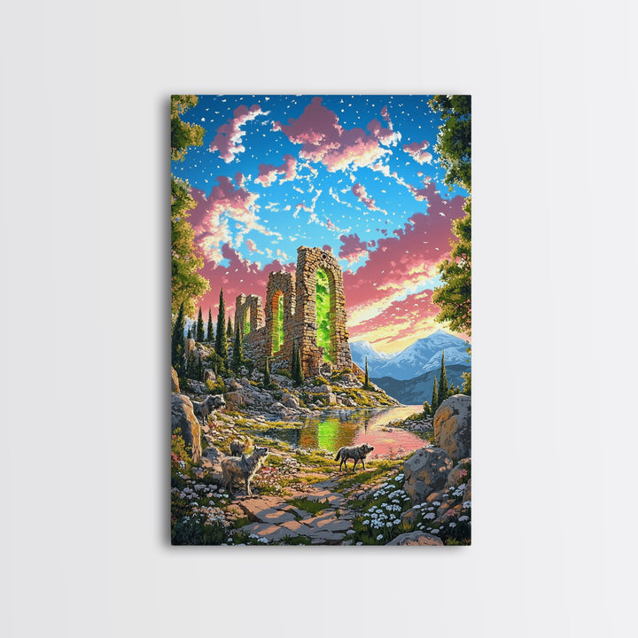 Sunset Stone Ruins With Green Portal Canvas Print, Fantasy Mountain Landscape Wall Art, Vibrant Nature Decor, Whimsical Goat Art