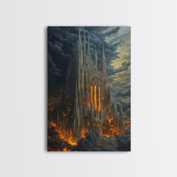 Fiery Gothic Cathedral In Storm Clouds Framed Canvas Print, Dark Fantasy Wall Art, Moody Medieval Decor For Dramatic Rooms