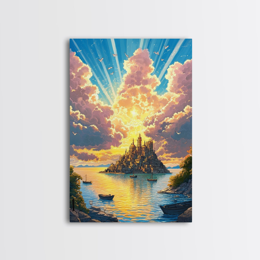 Golden Island Cathedral With Boats Canvas Print, Coastal Fantasy Wall Art, Sunset Seascape Decor For Serene Living Room Art
