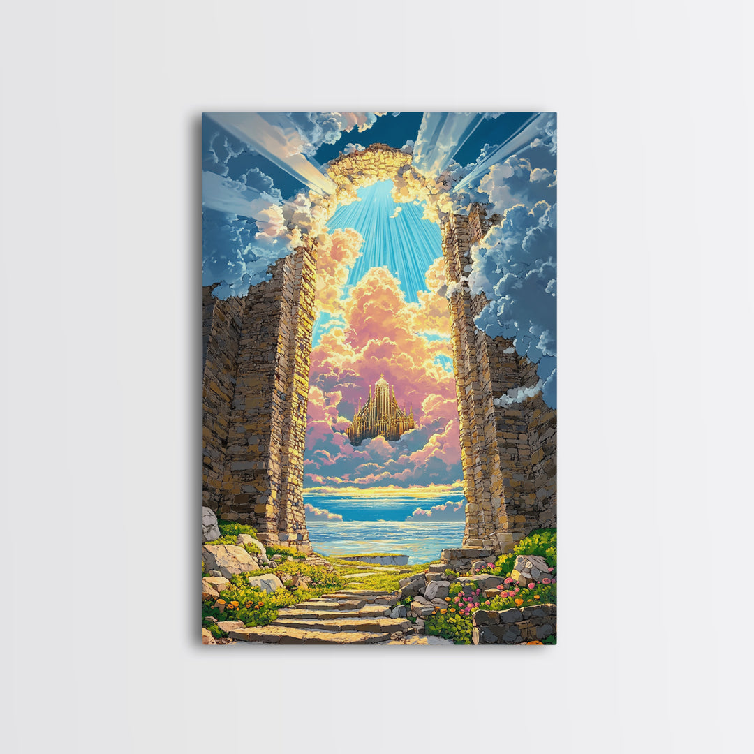 Stone Portal To Floating Castle Framed Canvas Print, Fantasy Landscape Wall Art, Magical Ruins Decor, Unique Gift For Her