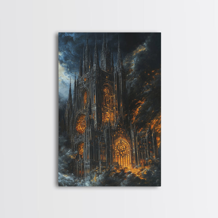 Burning Gothic Cathedral Under Stormy Sky Framed Canvas Print, Dark Academia Wall Art, Moody Medieval Decor Gift For Him