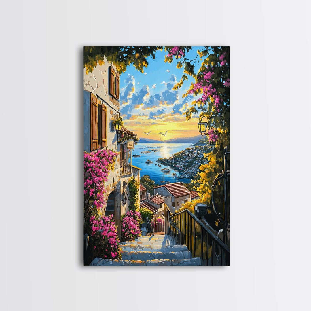 Mediterranean Village Steps Above Blue Sea Wall Art, Coastal Canvas Print, Floral Travel Poster Decor, Gift For Her Home Decor