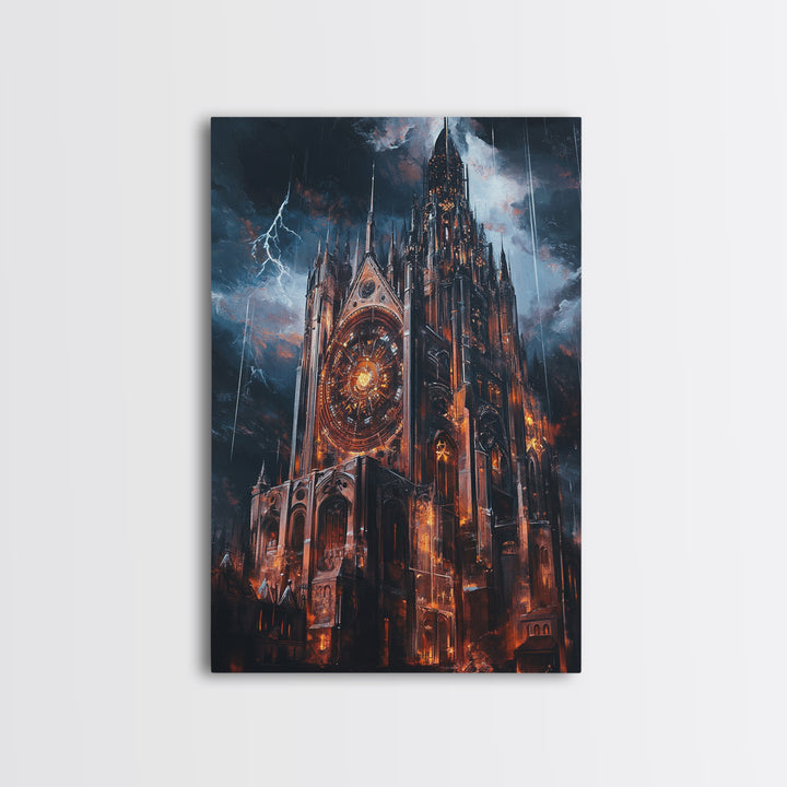 Stormy Gothic Cathedral With Lightning Framed Canvas Print, Dark Fantasy Wall Art, Dramatic Medieval Decor For Masculine Office