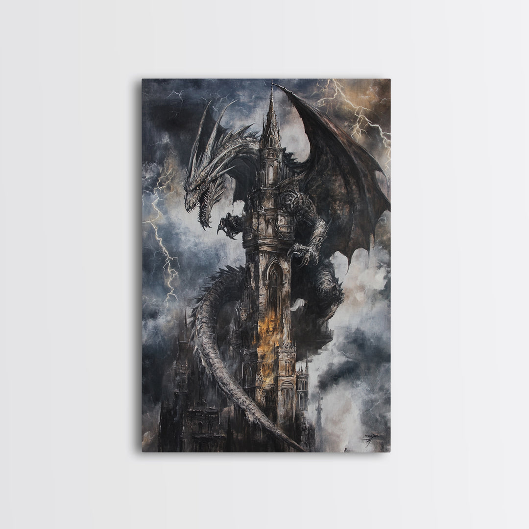 Dark Storm Dragon Cathedral Wall Art, Gothic Fantasy Castle Canvas, Lightning Dragon Print, Moody Medieval Home Decor Gift