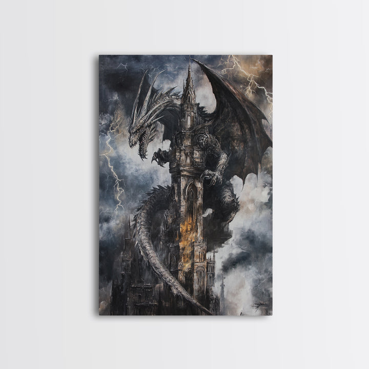 Dark Storm Dragon Cathedral Wall Art, Gothic Fantasy Castle Canvas, Lightning Dragon Print, Moody Medieval Home Decor Gift