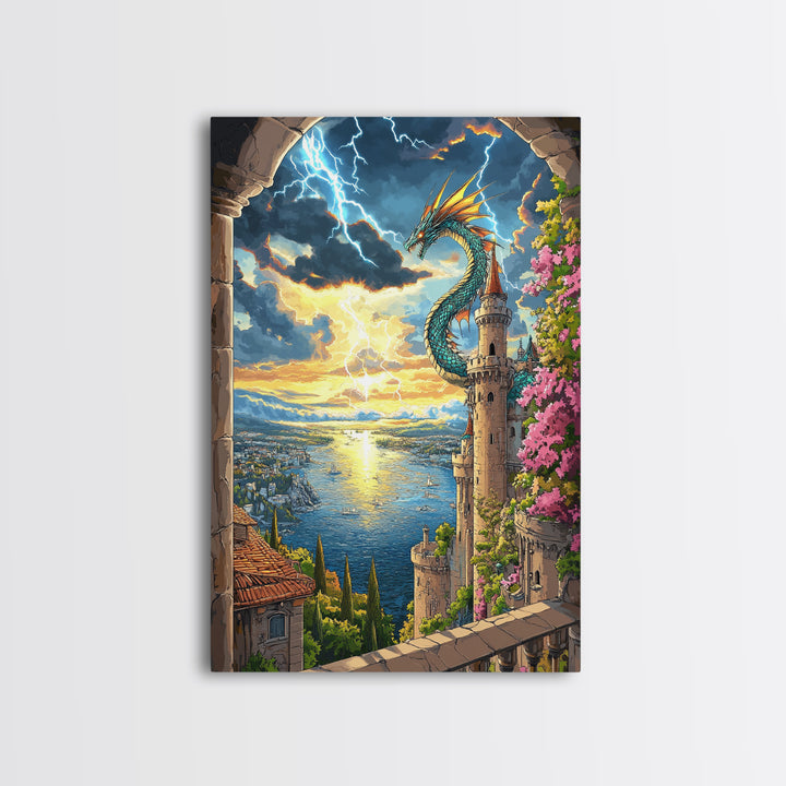 Sunset Sea Dragon Castle Wall Art, Vibrant Fantasy Coastal Landscape Print, Mediterranean Tower Living Room Decor, Gift For Her