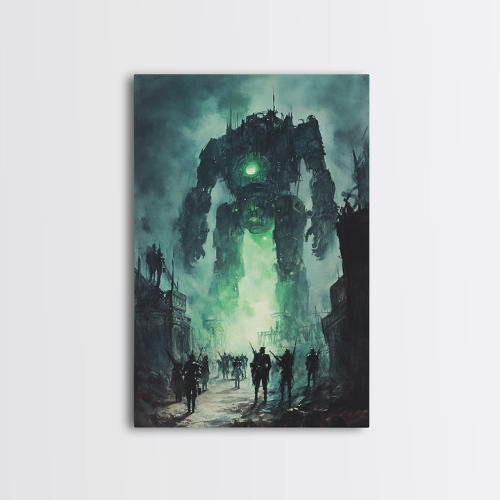 Green Glow Giant Robot Wall Art, Dark Sci Fi Dystopian City Canvas, Futuristic Mech Print, Gaming Room Decor Gift For Him