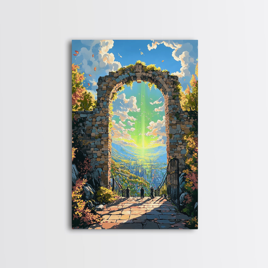 Sunlit Stone Arch Wall Art, Fantasy Coastal Ruins Canvas Print, Ocean Garden Path Landscape, Mediterranean Home Decor Gift