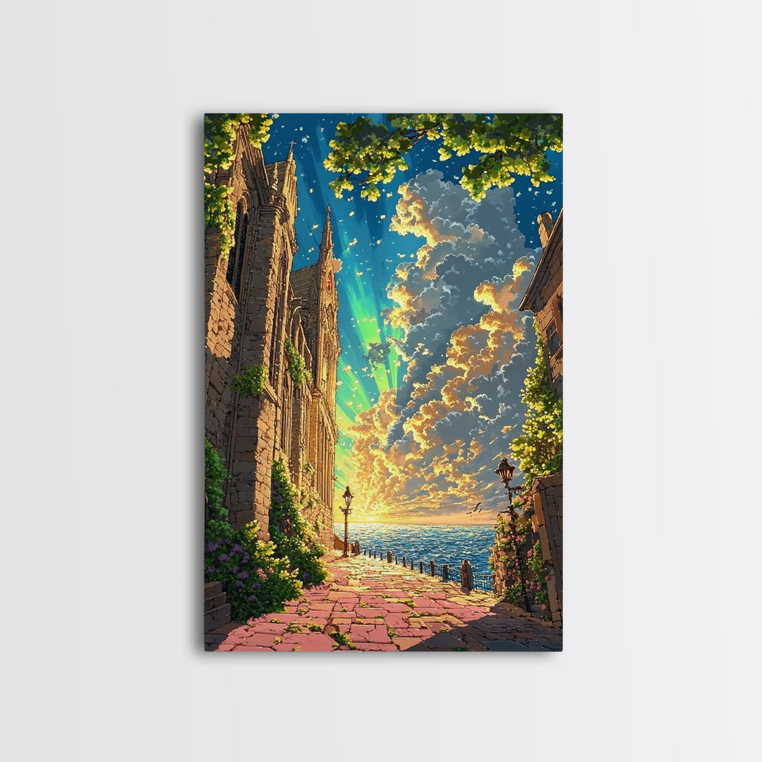 Seaside Gothic Cathedral Wall Art, Sunset Fantasy City Path Print, Aurora Sky Castle Decor, Whimsical Coastal Home Decor