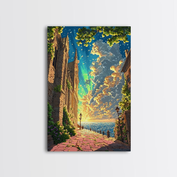 Seaside Gothic Cathedral Wall Art, Sunset Fantasy City Path Print, Aurora Sky Castle Decor, Whimsical Coastal Home Decor