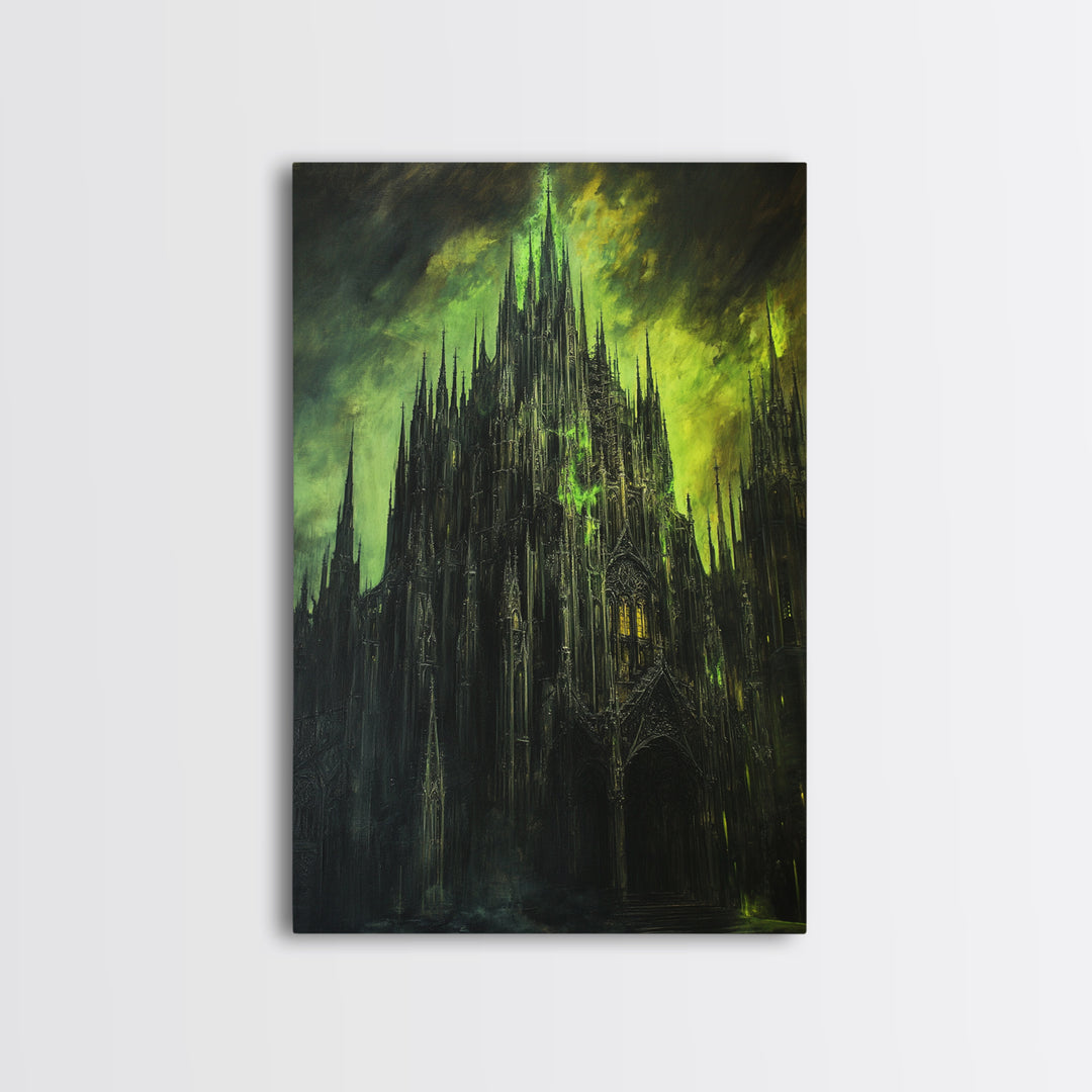 Dark Green Gothic Cathedral Wall Art, Moody Fantasy Castle Canvas Print, Black Spire Architecture, Dark Academia Decor Gift