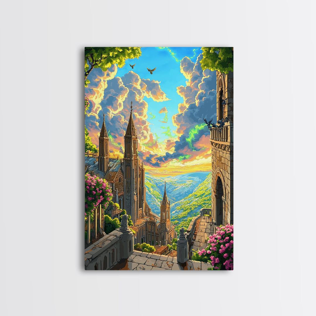 Sunlit Fantasy Cathedral Wall Art, Mountain Valley Castle Print, Floral Stone Balcony Landscape, Whimsical Home Decor Gift