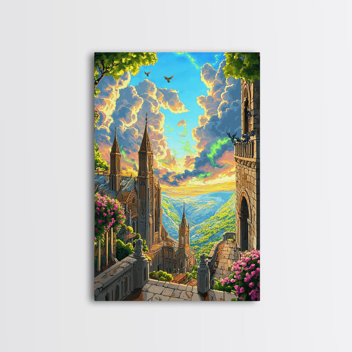 Sunlit Fantasy Cathedral Wall Art, Mountain Valley Castle Print, Floral Stone Balcony Landscape, Whimsical Home Decor Gift