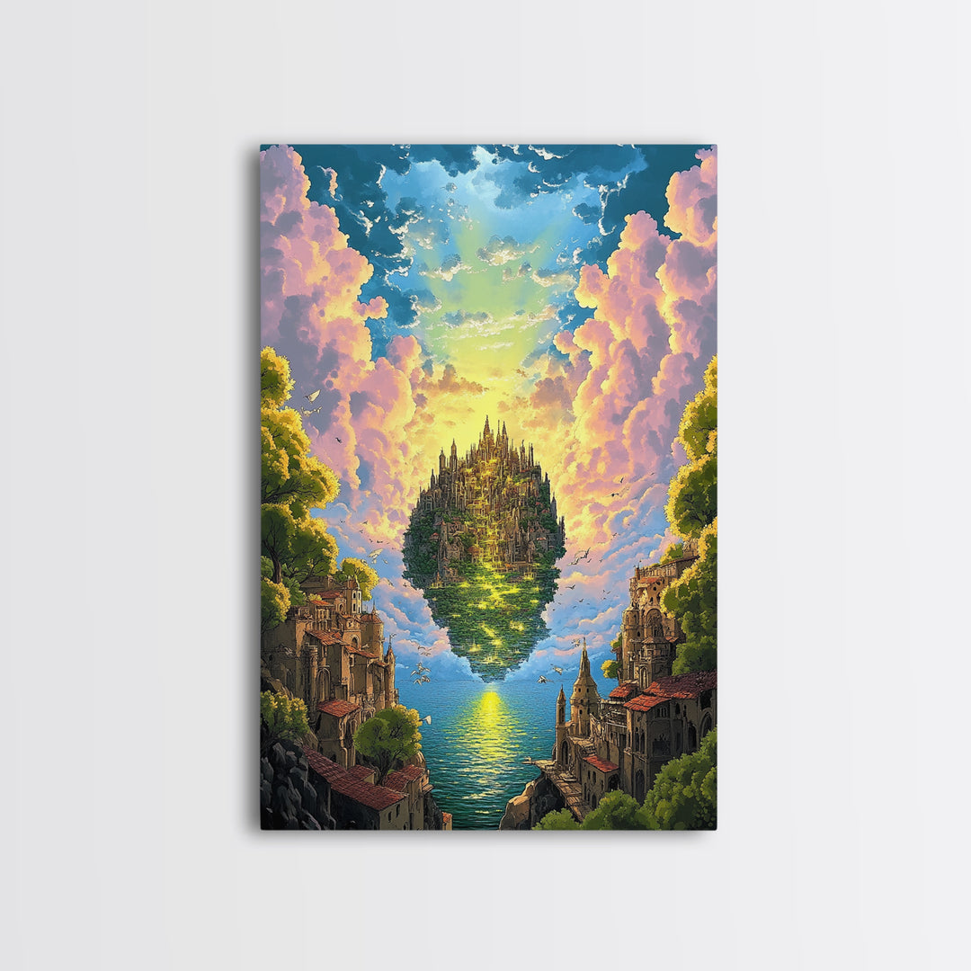 Floating Island Castle At Golden Sunset Canvas Print, Fantasy Wall Decor, Coastal Landscape Art, Large Living Room Decor