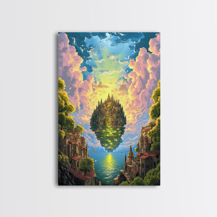 Floating Island Castle At Golden Sunset Canvas Print, Fantasy Wall Decor, Coastal Landscape Art, Large Living Room Decor