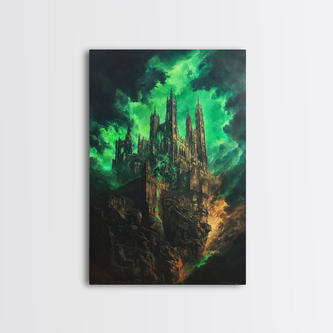 Emerald Gothic Cathedral In Storm Clouds Framed Canvas Print, Dark Fantasy Art, Moody Wall Decor, Dramatic Office Decor