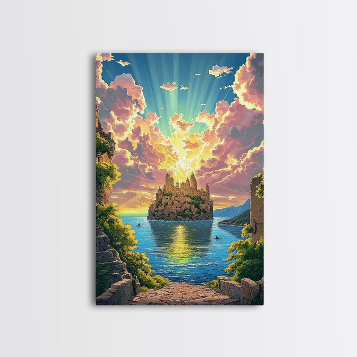 Sunlit Island Castle With Pink Clouds Canvas Print, Fantasy Landscape Wall Art, Coastal Decor, Large Living Room Art, Home Decor