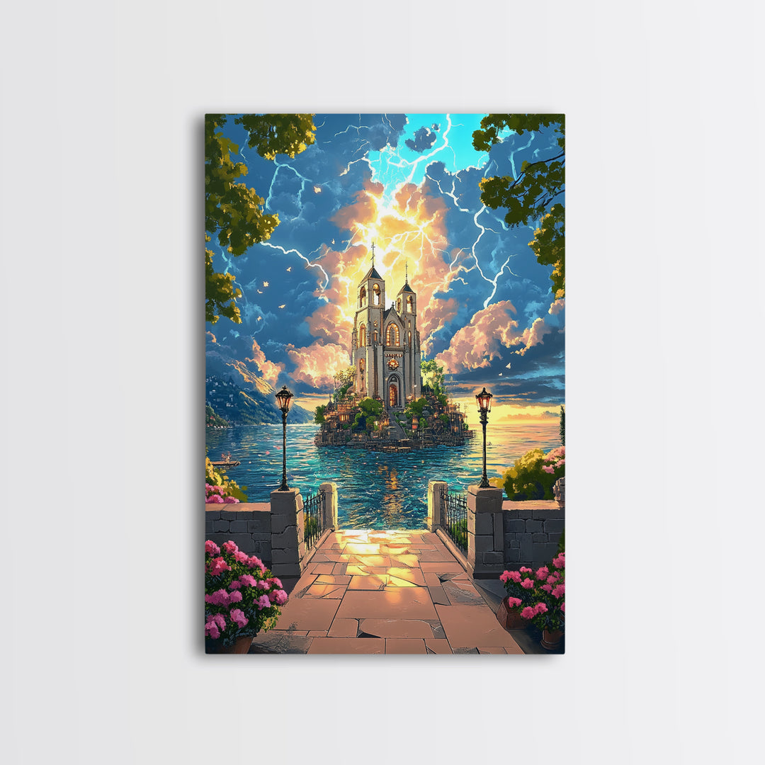 Lightning Over Island Cathedral And Lake Walkway Wall Art, Fantasy Landscape Print, Statement Living Room Decor Gift Idea