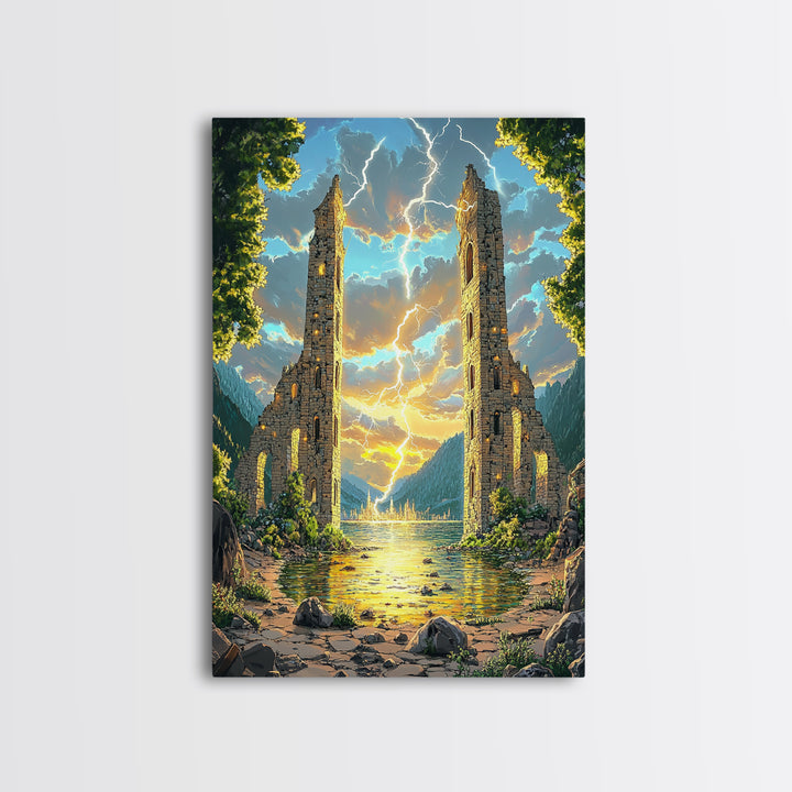 Ancient Ruined Towers With Lightning At Lake Canvas Print, Fantasy Landscape Wall Art, Mountain Decor, Dramatic Home Decor