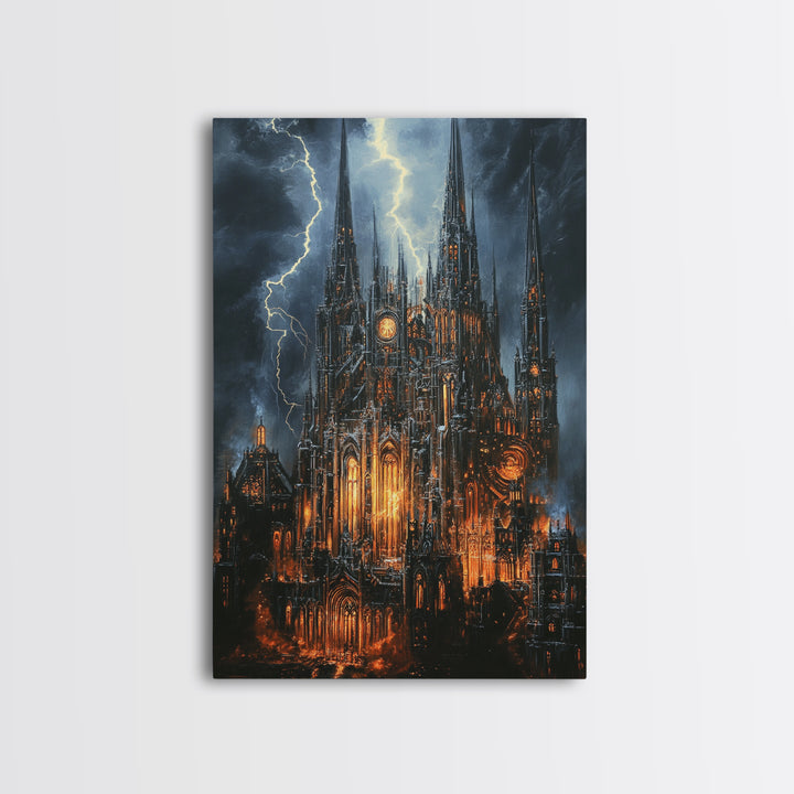 Stormy Gothic Cathedral With Orange Glow Framed Canvas Print, Dark Academia Wall Art, Moody Office Decor, Fantasy Art, Gift