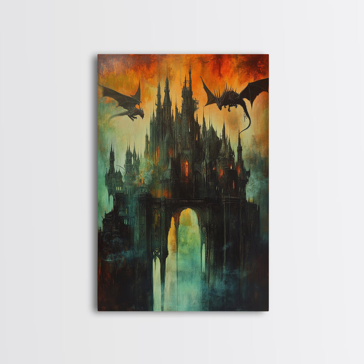 Dragon Silhouettes Above Dark Castle Canvas Print, Gothic Fantasy Wall Art, Surreal Art Print, Moody Living Room Decor, Gift
