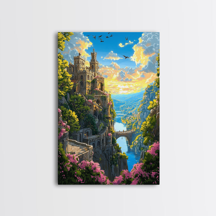 Cliffside Castle Garden Over Blue Valley Wall Art, Fantasy Landscape Print, Colorful Home Decor, Large Living Room Art, Gift
