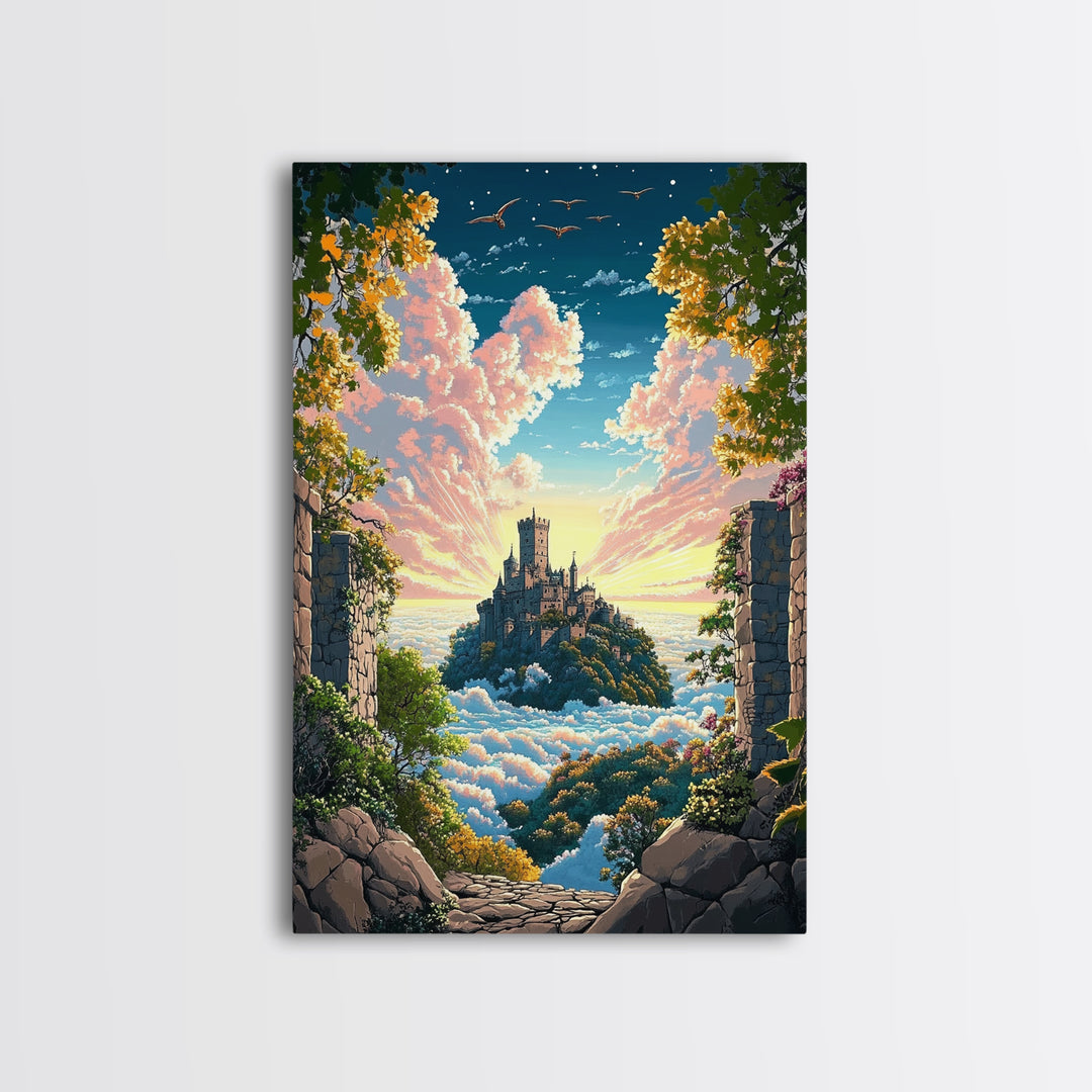 Castle Above Clouds Through Stone Gate Canvas Print, Dreamy Fantasy Wall Art, Whimsical Decor, Large Bedroom Wall Art, Gift