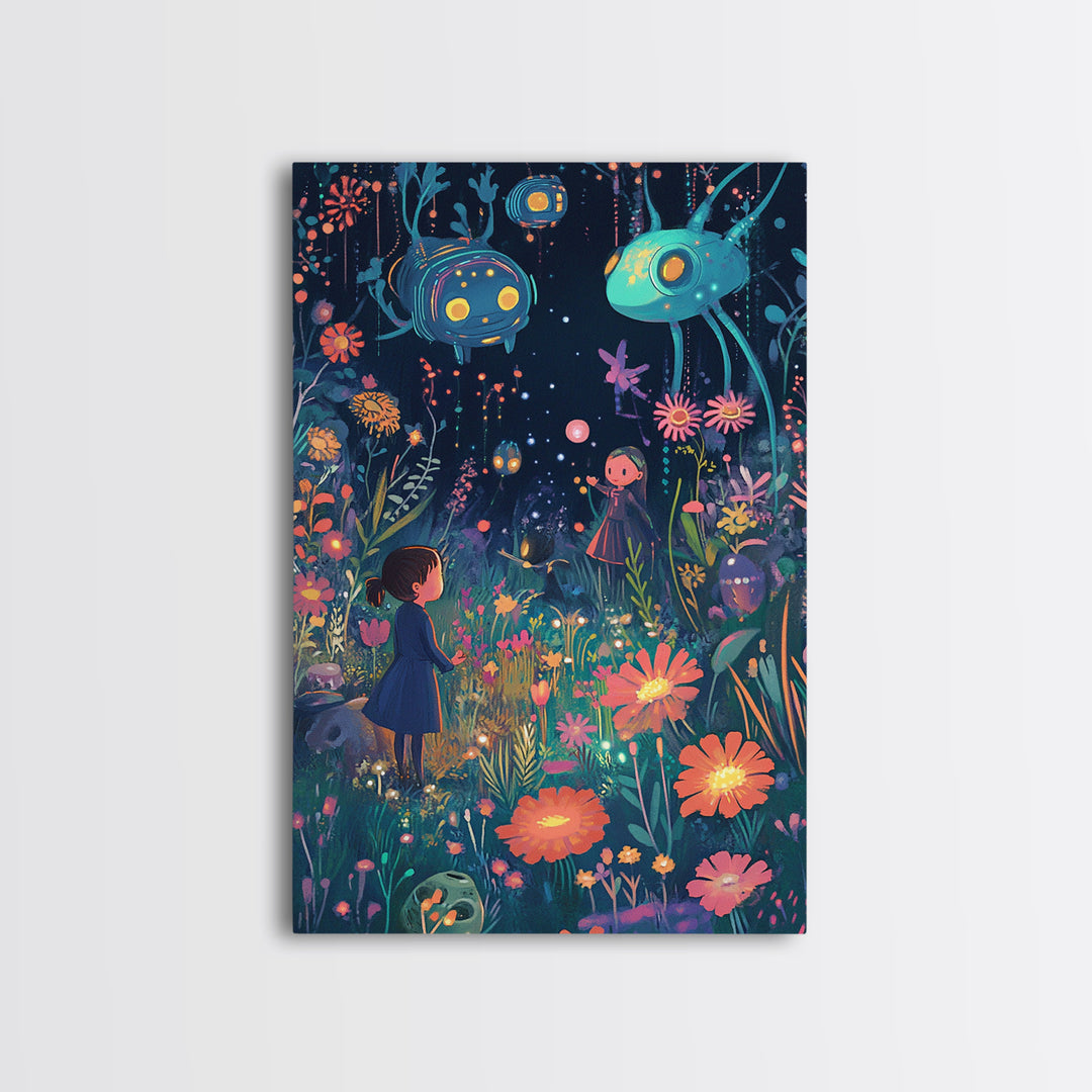 Whimsical Night Garden With Glowing Flowers Canvas Print, Kids Room Wall Art, Nursery Decor, Colorful Fantasy Art Gift Idea