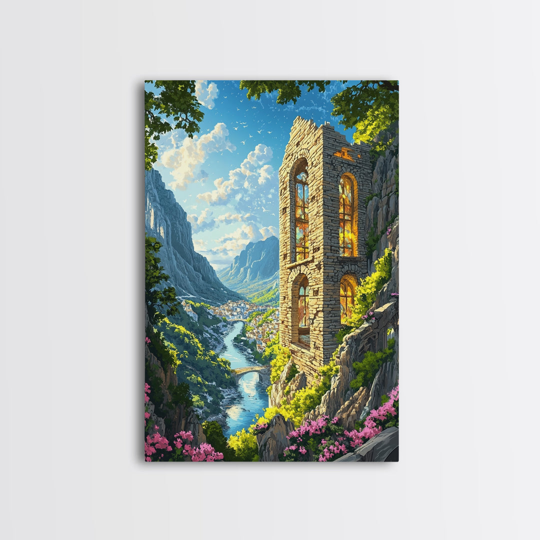 Sunlit Cliffside Stone Tower Above Alpine River Valley Wall Art, Fantasy Landscape Print, Gothic Ruins Decor Gift For Living Room