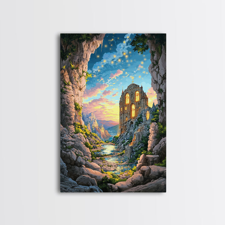 Twilight Cave Ruins With Glowing Windows And Starry Sky Framed Canvas Print, Fantasy Mountain Wall Decor For Cozy Home Gift