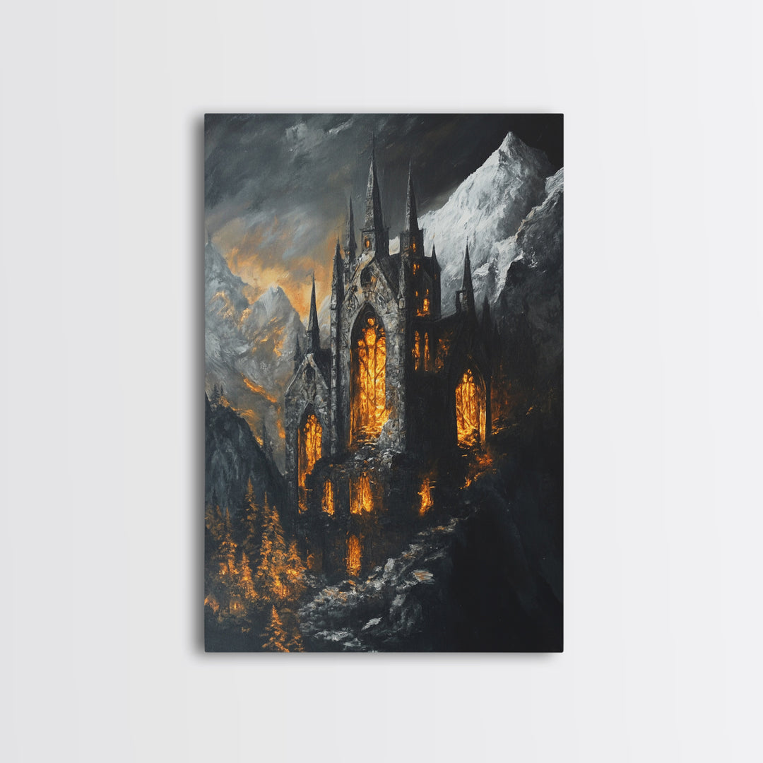 Dark Gothic Cathedral In Snowy Mountains With Amber Windows Canvas Print, Moody Fantasy Wall Art, Dark Academia Decor For Office