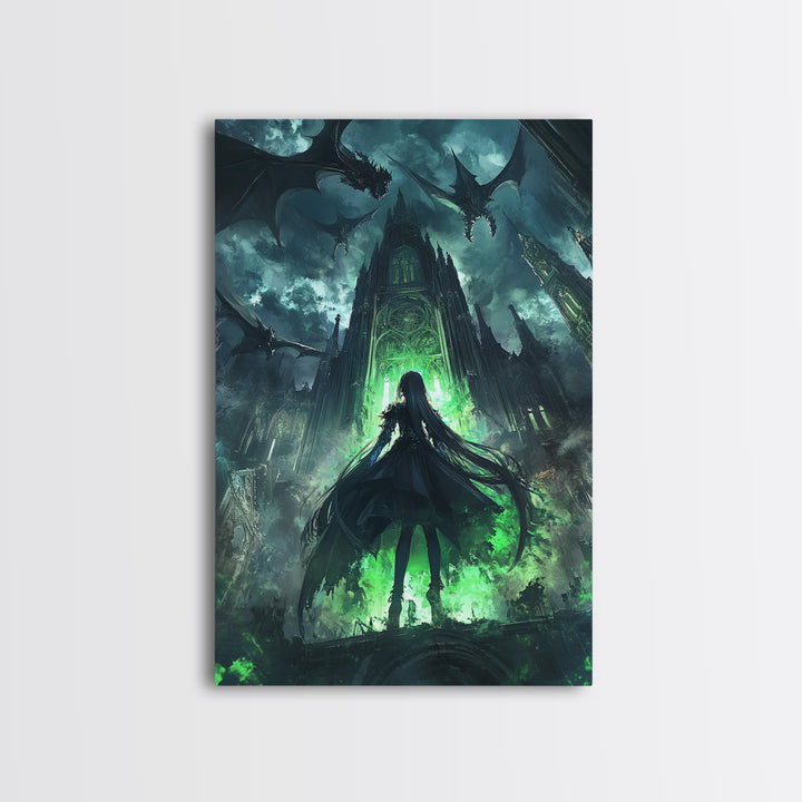 Dark Dragon Cathedral With Green Portal And Girl Silhouette Framed Canvas Print, Gothic Fantasy Wall Art, Moody Decor Gift