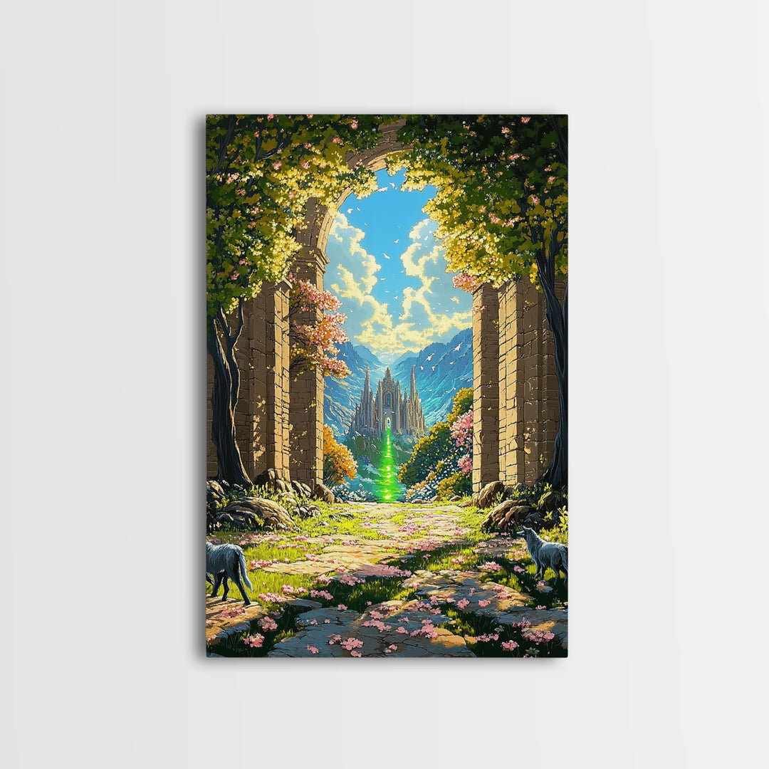 Enchanted Garden Archway To Distant Cathedral With Green Magic Wall Art, Fantasy Landscape Print, Whimsical Decor For Living Room
