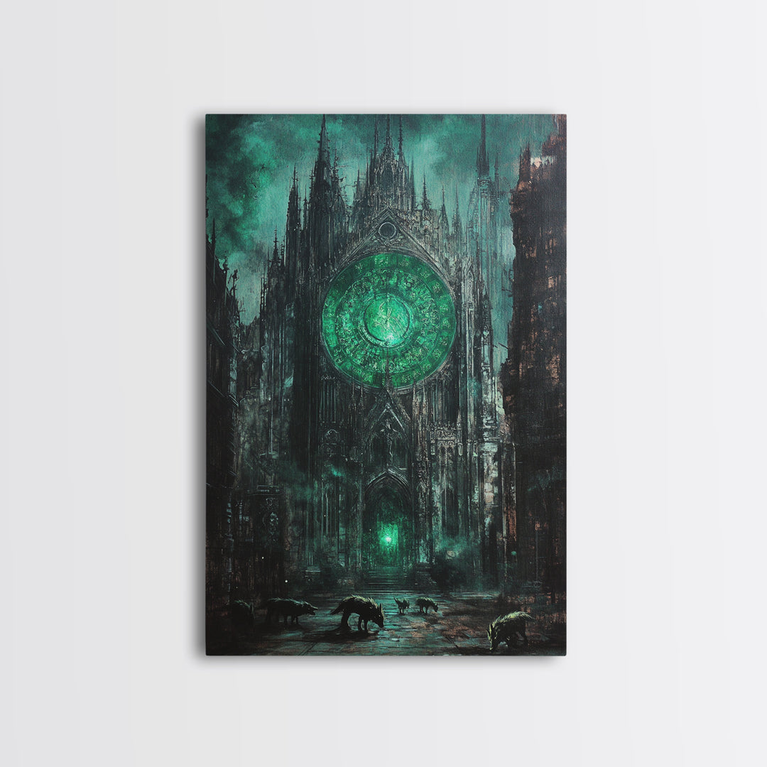 Emerald Rose Window On Dark Gothic Cathedral With Wolves Wall Art, Moody Fantasy Print, Dark Academia Office Decor For Living Room