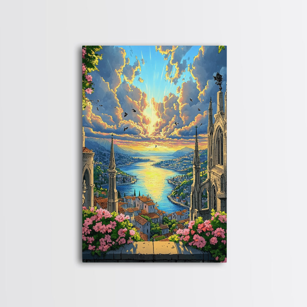 Sunset Harbor City From Cathedral Balcony With Pink Flowers Framed Canvas Print, Coastal Fantasy Wall Art, Home Decor For Living Room