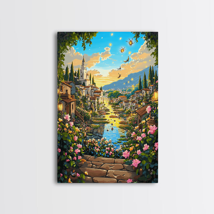 Sunlit Fantasy Village Canal With Flowers Canvas Print, Mediterranean Castle Wall Art For Living Room Decor Housewarming Gift