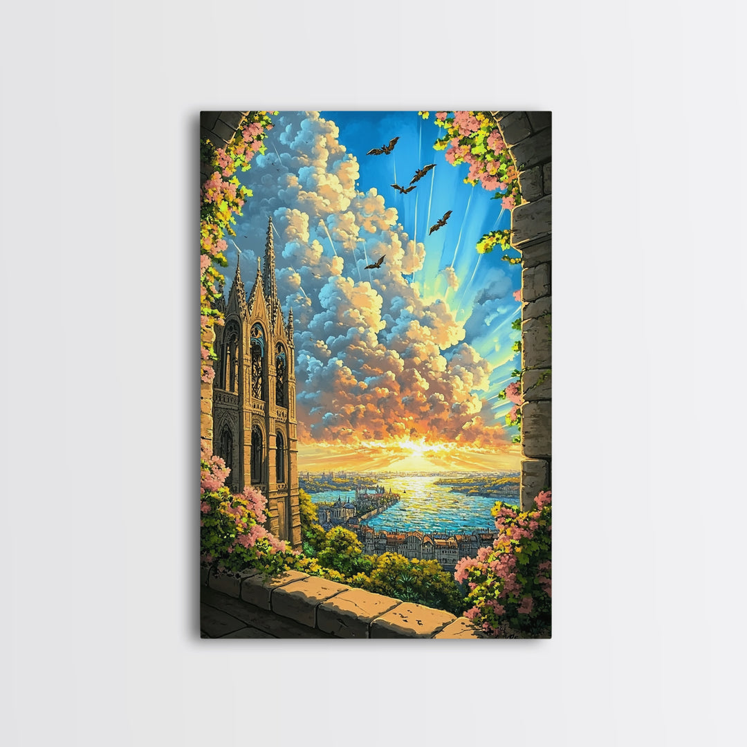 Gothic Cathedral Window At Golden Sunset Framed Canvas Print, Fantasy Landscape Wall Art For Bedroom Home Decor Gift For Her