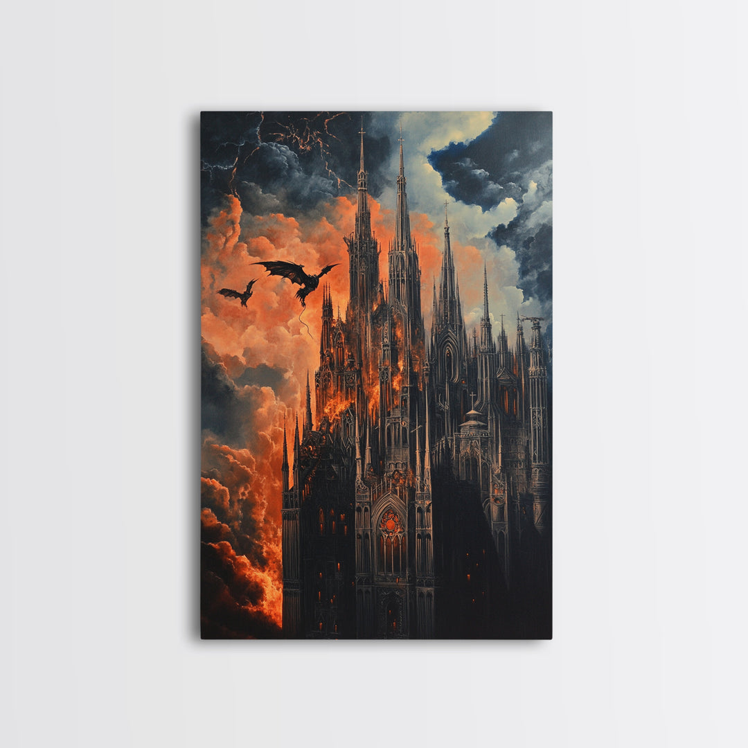 Burning Gothic Cathedral With Dragons Framed Canvas Print, Dark Fantasy Wall Art For Moody Gothic Office Decor Gift For Him