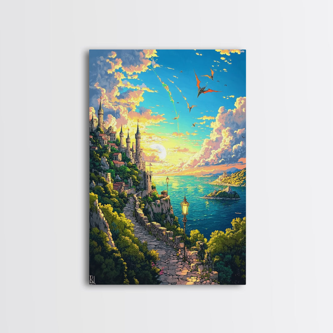Sunset Seaside Castle Path With Dragons Canvas Print, Fantasy Coastal Wall Art For Living Room Home Decor Housewarming Gift